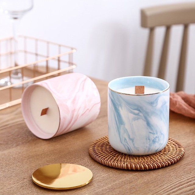 Custom Luxury Ceramic Marble Wooden Wick Candle Jars with Metal Lids