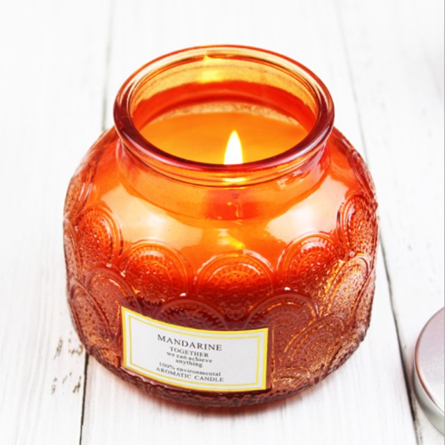 Custom Luxury Gift Box Carving Decorative Pattern Color Glass Candle Jar Natural Soy Wax Home Decoration Scented Candle