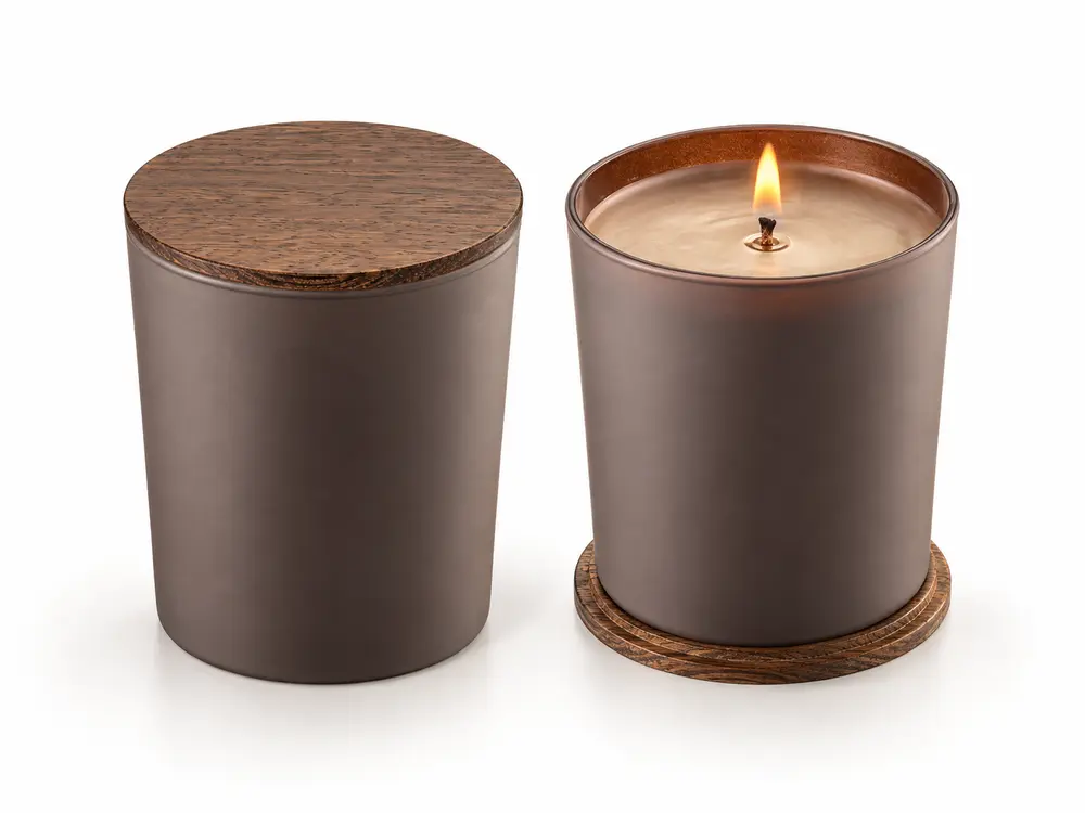 Custom Coffee Scented Candle in Brown Glass Holder, Wooden Lid