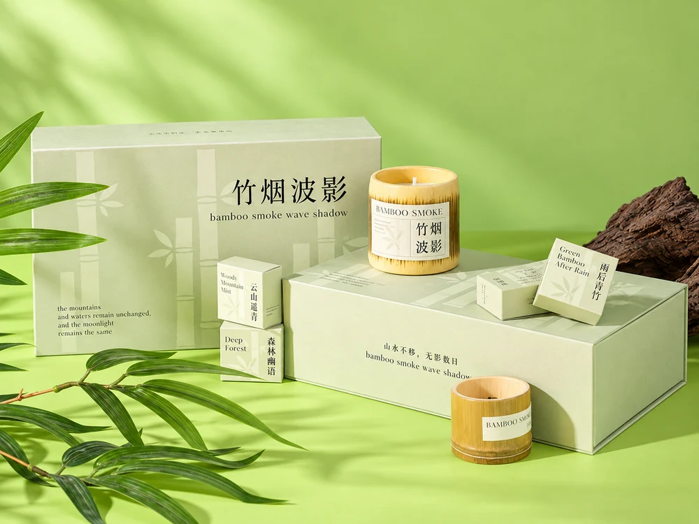 Bamboo-Style Candle and Tealight Gift Set
