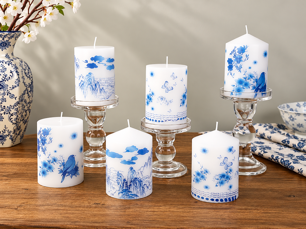 Blue Floral Printed Pillar Candle