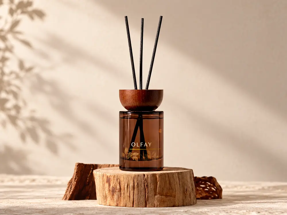 Amber Glass Reed Diffuser with Wooden Collar for private label manufacturing