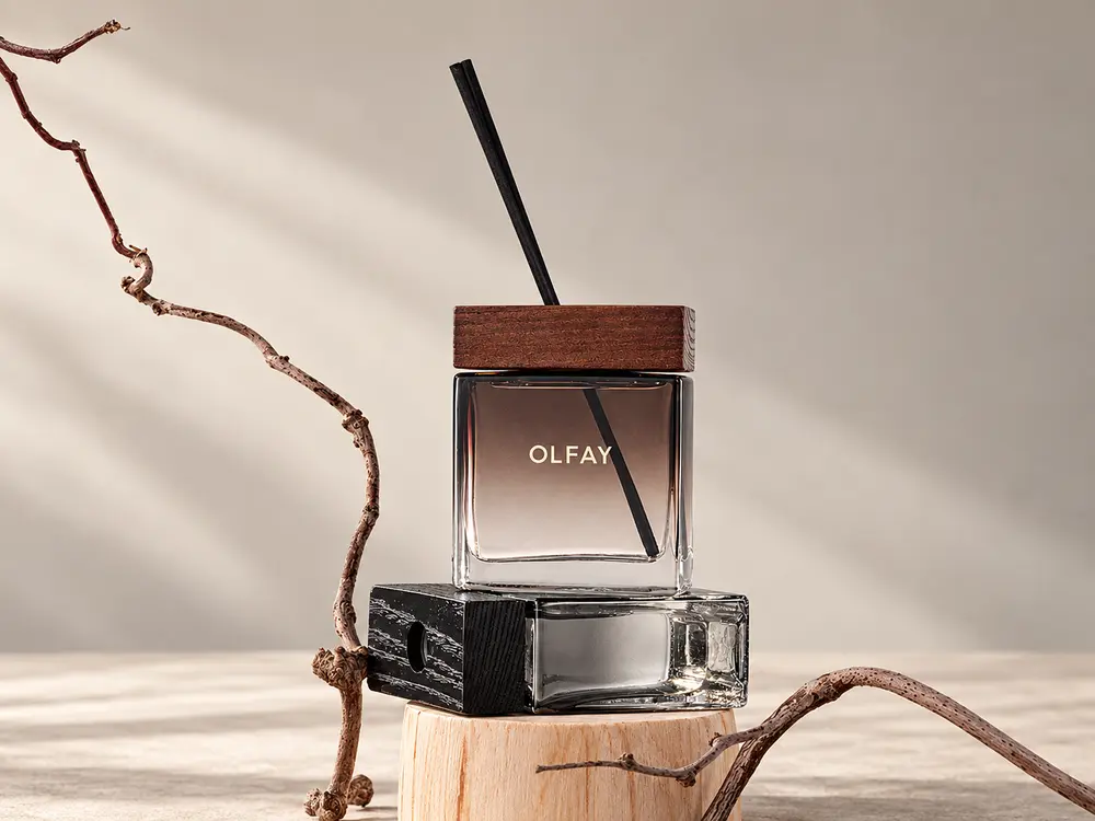 Brown Glass Reed Diffuser with Wood Finish Collar