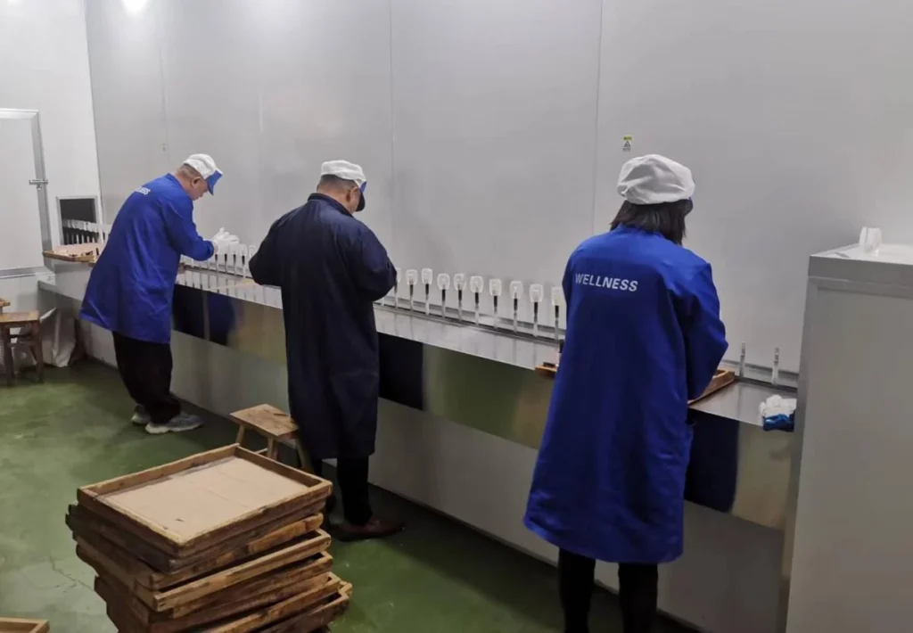Operators handling glass vessels on the production line