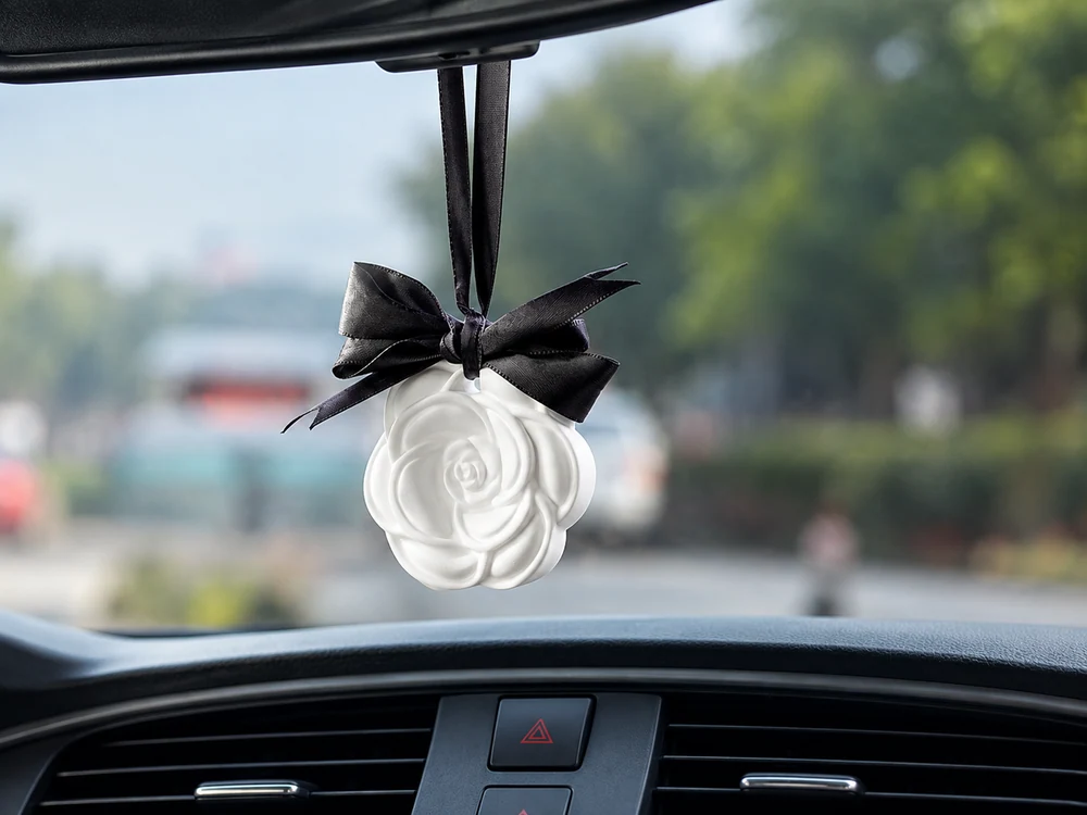 White Camellia Hanging Car Air Freshener